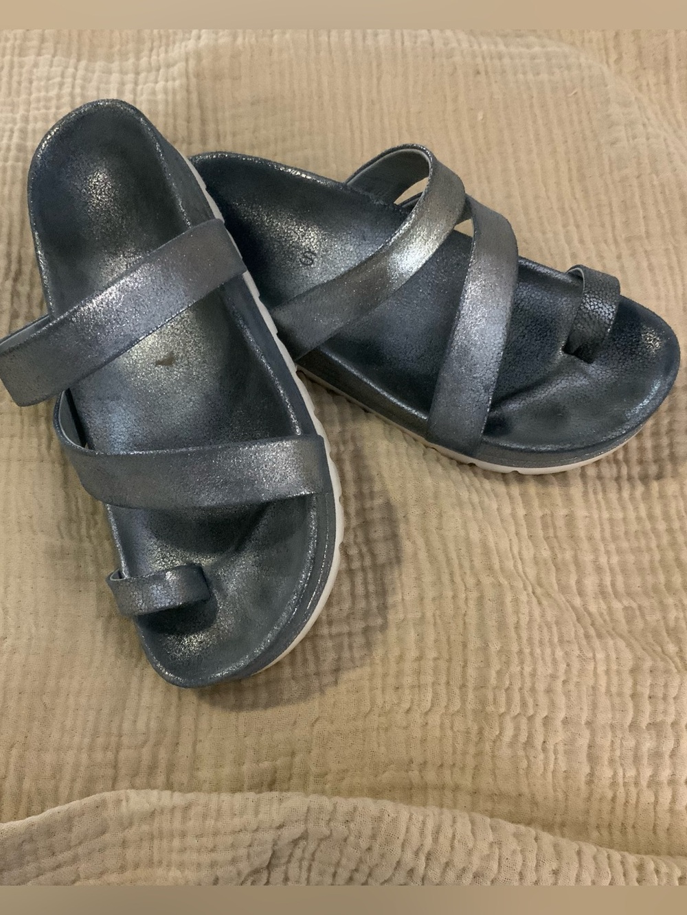 Metallic Gray Slide Sandals with Toe Loop